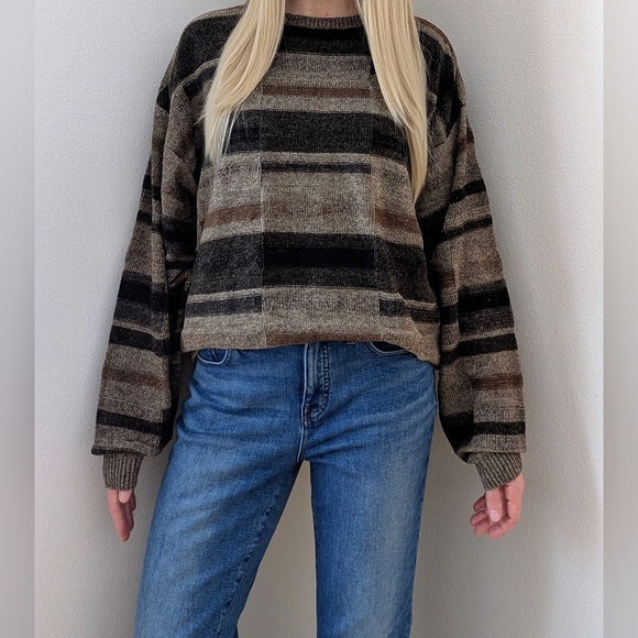 Vintage Chenille Abstract Geometric Patterned Crewneck Sweater In Gray/Brown - Picture 12 of 12